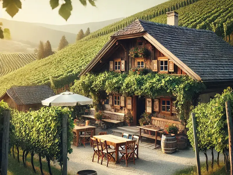 Traditional heuriger surrounded by vineyards.